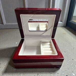 Crescent Glossy Red Wood Jewelry Box | Mirror Lid | Ring Slots & Storage | Elega